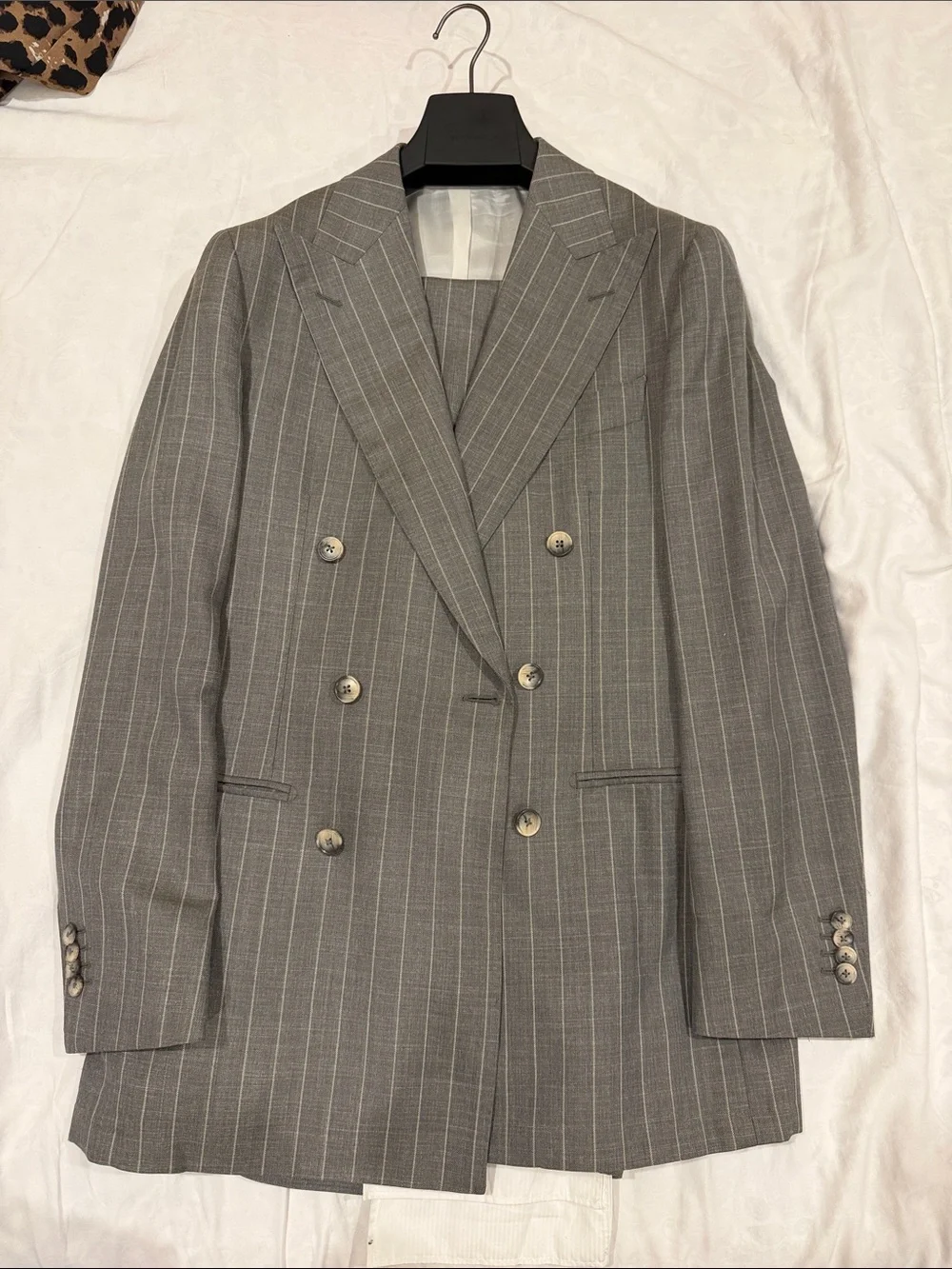 Suitsupply Double-Breasted Medium Green/Gray & White WSL Pinstripe Suit